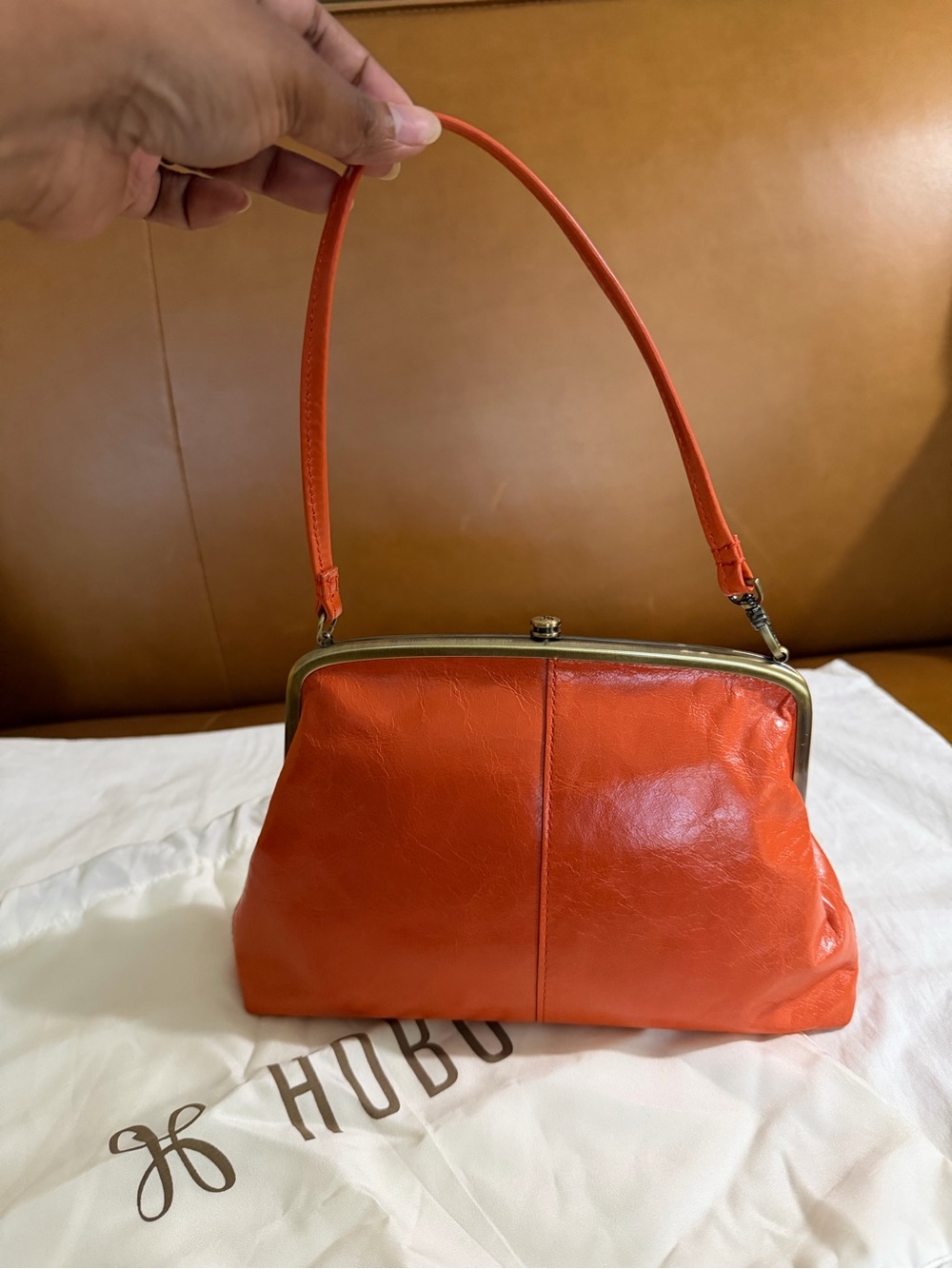 HOBO Leather Kiss-Lock Frame Bag | Coral/Rust | Crossbody + Top Handle | Dustbag